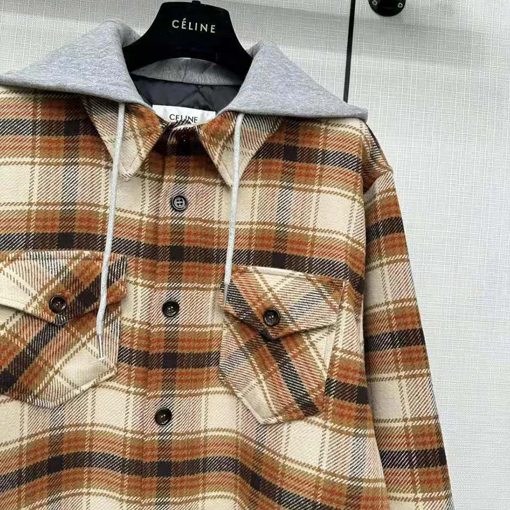 Celine Hooded Overshirt in Checked Wool for Men Celine Hooded Overshirt in Checked Wool for Men