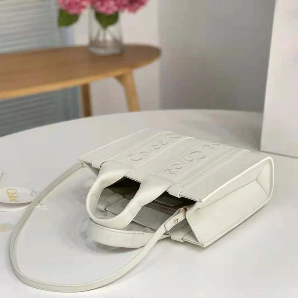 Chloe Mini Woody Tote Bag with Embroidered Chloé Logo for Women in White