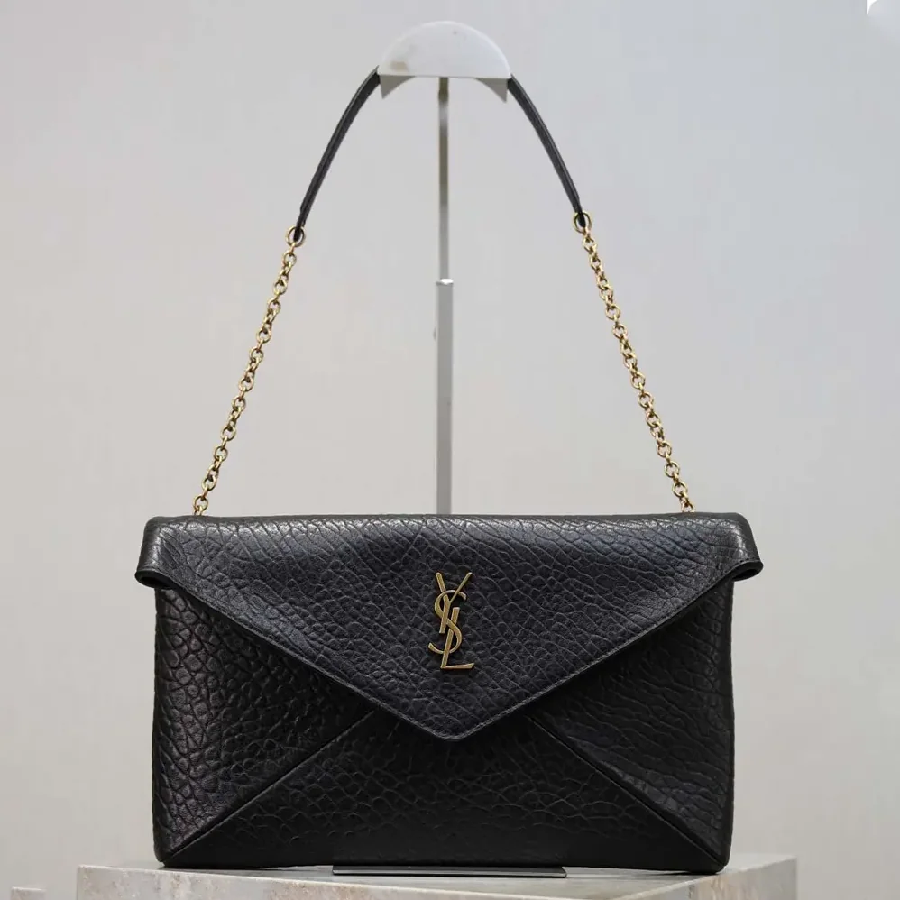 Saint Laurent YSL Cassandre Pouch On Chain In Lambskin Black 29cm for Women