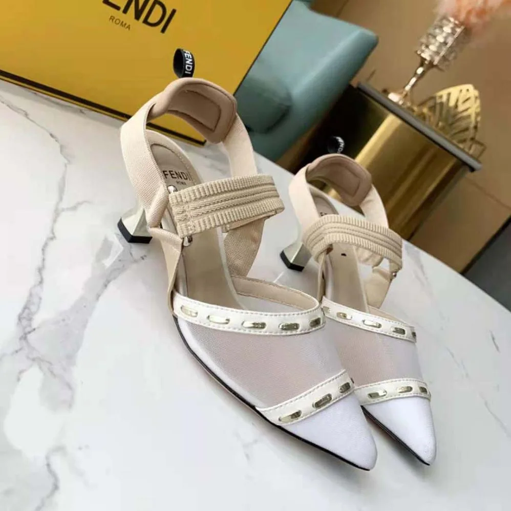 Fendi Colibri Pink Mesh Medium-Heel Slingbacks with Metal Stitches for Women Fendi Colibri Pink Mesh Medium-Heel Slingbacks with Metal Stitches for Women