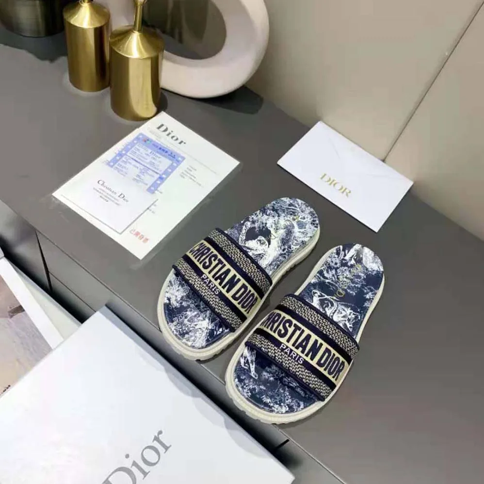 Dior Dway Slide Deep Blue Toile de Jouy Reverse Embroidered Cotton for Women
