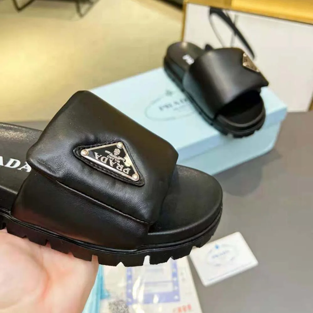 Prada Soft Padded Nappa Leather Slides for Women in Black
