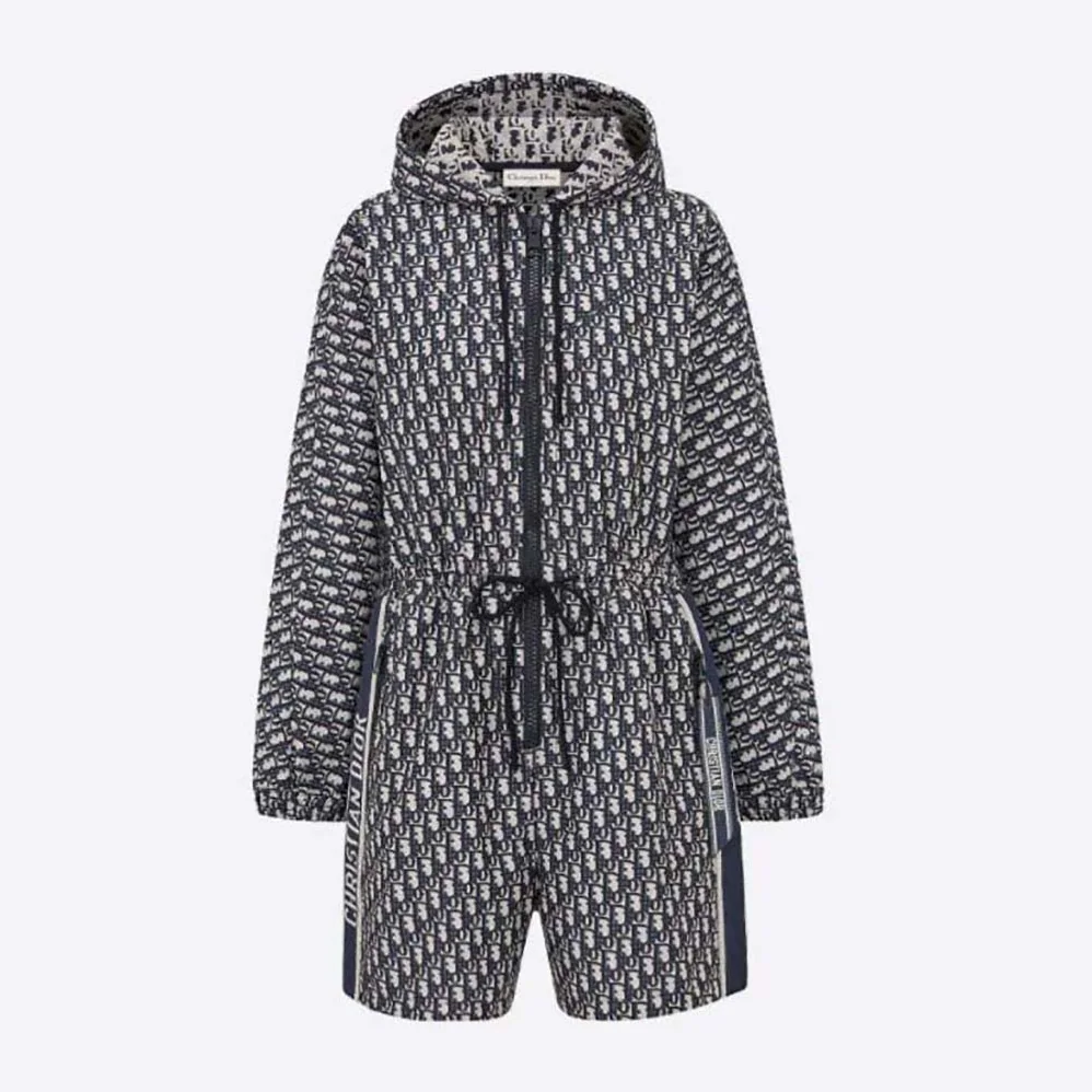 Dior Hooded Romper Blue Technical Taffeta Jacquard for Women