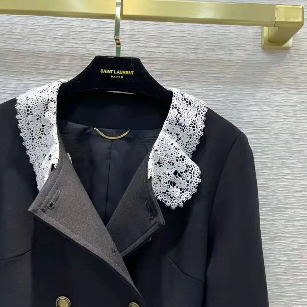 Saint Laurent YSL Short Jacket in Wool Twill with Floral Lace Embroidery for Women Saint Laurent YSL Short Jacket in Wool Twill with Floral Lace Embroidery for Women
