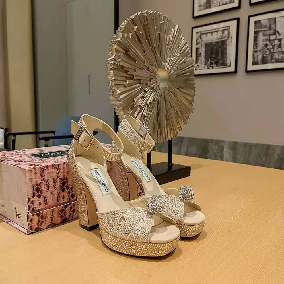 Jimmy Choo Socorie 120 Honey Gold Suede Platform Sandals with Crystals for Women