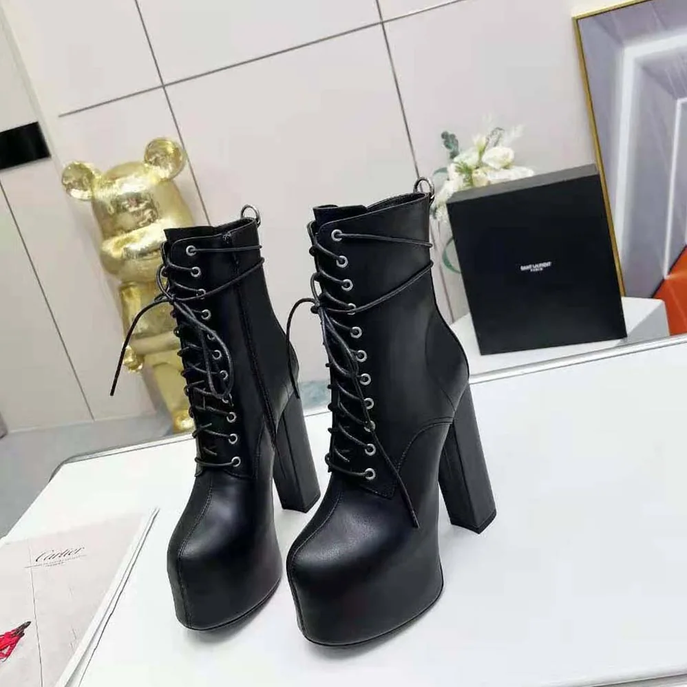 Saint Laurent YSL Cherry Lace-up Platform Booties in Smooth Leather for Women Saint Laurent YSL Cherry Lace-up Platform Booties in Smooth Leather for Women
