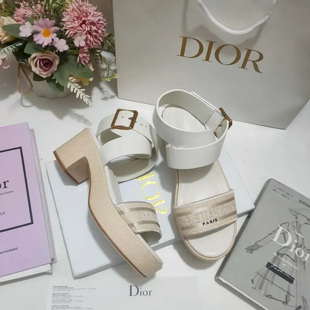 Dior Dioriviera Dway Heeled Sandal Natural Raffia White Calfskin and Embroidered Cotton for Women Dior Dioriviera Dway Heeled Sandal Natural Raffia White Calfskin and Embroidered Cotton for Women