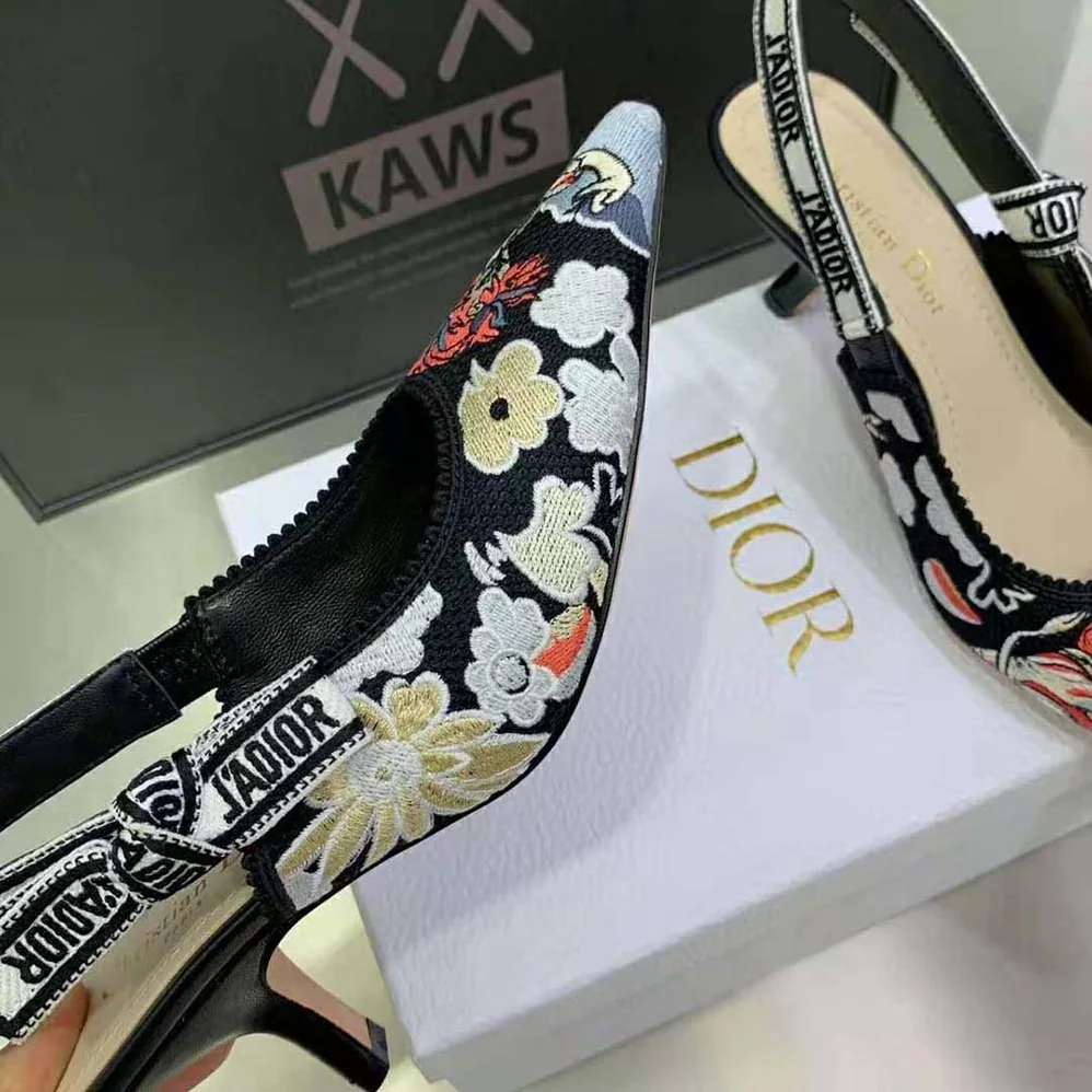 Dior J'adior Slingback Pump Black Multicolor Embroidered Cotton with Toile de Jouy Pop Motif for Women