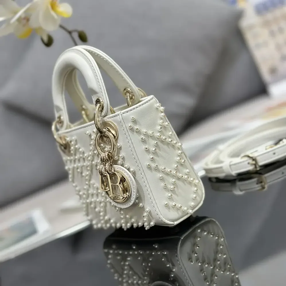 Dior Lady Dior Micro Bag Latte Cannage Lambskin with Resin Pearls for Women Dior Lady Dior Micro Bag Latte Cannage Lambskin with Resin Pearls for Women