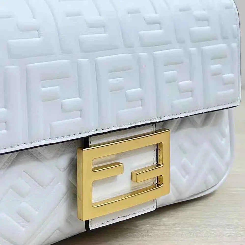 Fendi Baguette Chain Midi Light Gray Leather Bag for Women in White