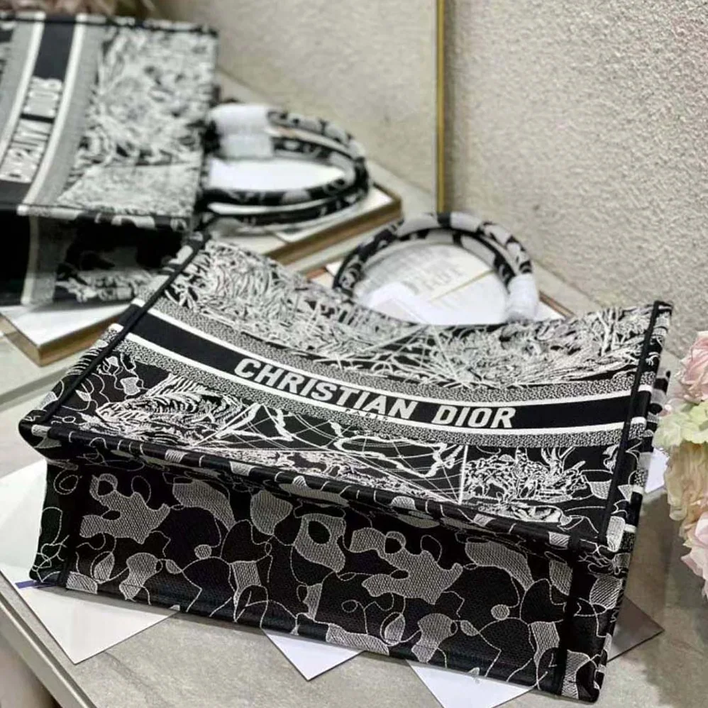 Dior Book Tote Black and White Dior Around the World Embroidery for Women
