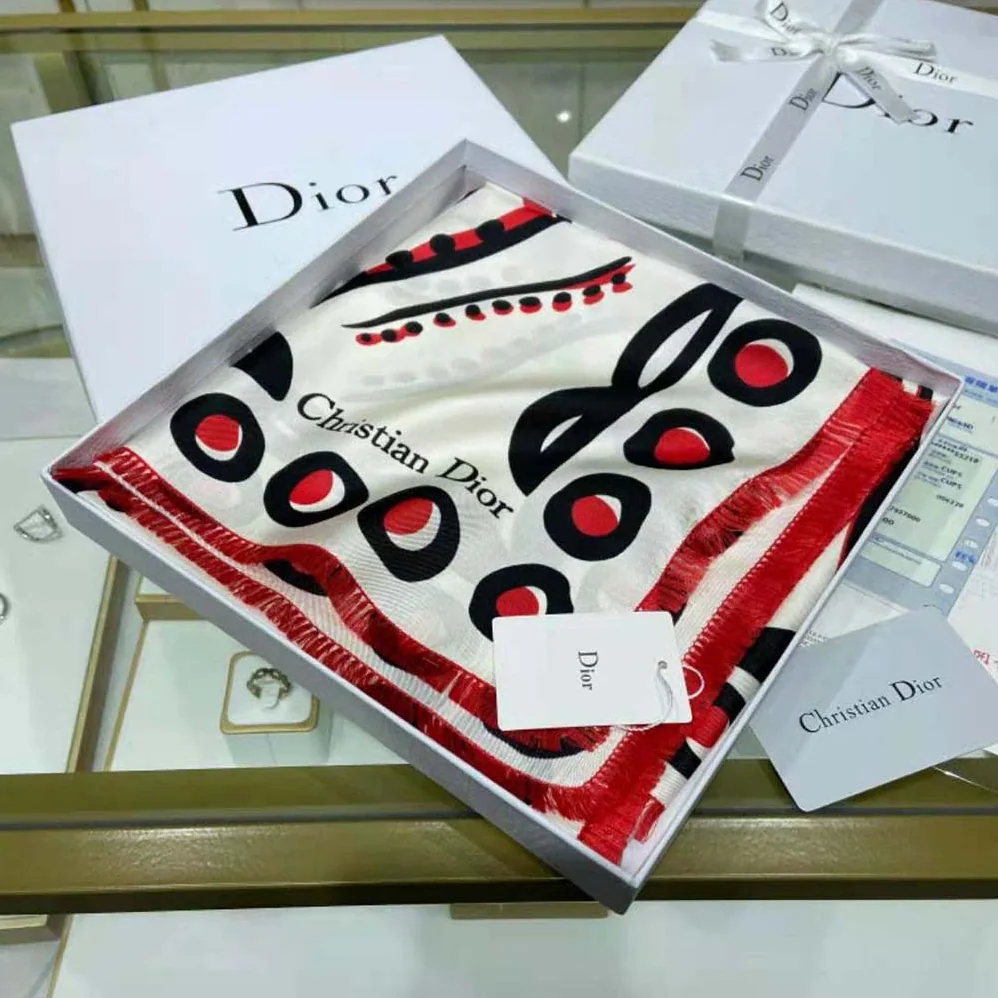 Dior Cupidon Square Scarf White Black and Red Silk Twill for Women