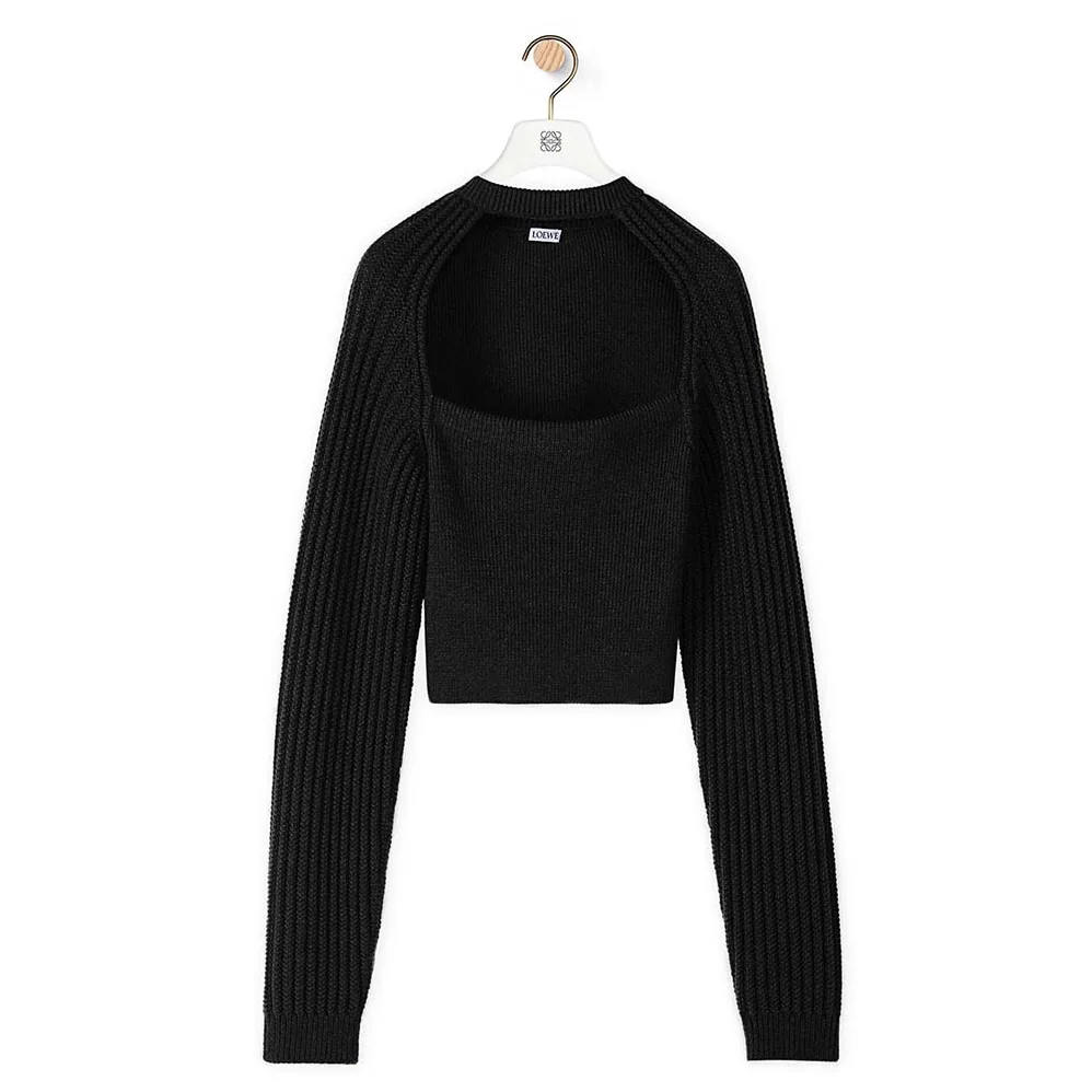Loewe Cut Out Cropped Sweater in Wool for Women in Black Loewe Cut Out Cropped Sweater in Wool for Women in Black