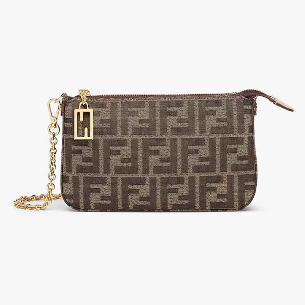 Fendi Baguette Pouch Brown Jacquard FF Fabric Clutch with Chain for Women Fendi Baguette Pouch Brown Jacquard FF Fabric Clutch with Chain for Women