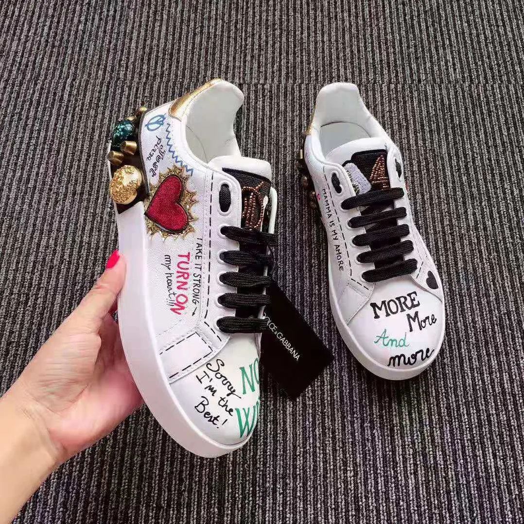 Dolce Gabbana D&G Printed Calfskin Nappa Portofino Sneakers with Patch and Embroidery for Women in White
