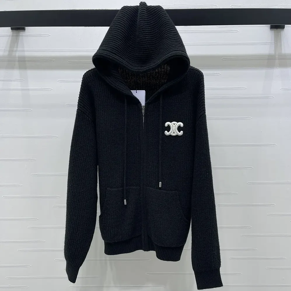 Celine Hooded Cardigan in Ribbed Wool for Women in Black