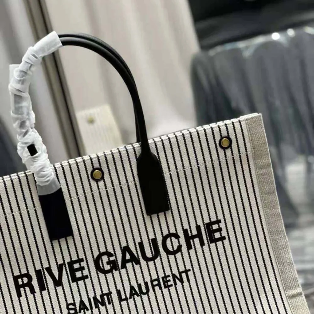 Saint Laurent YSL Rive Gauche Tote Bag in Linen and Smooth Leather for Women Saint Laurent YSL Rive Gauche Tote Bag in Linen and Smooth Leather for Women
