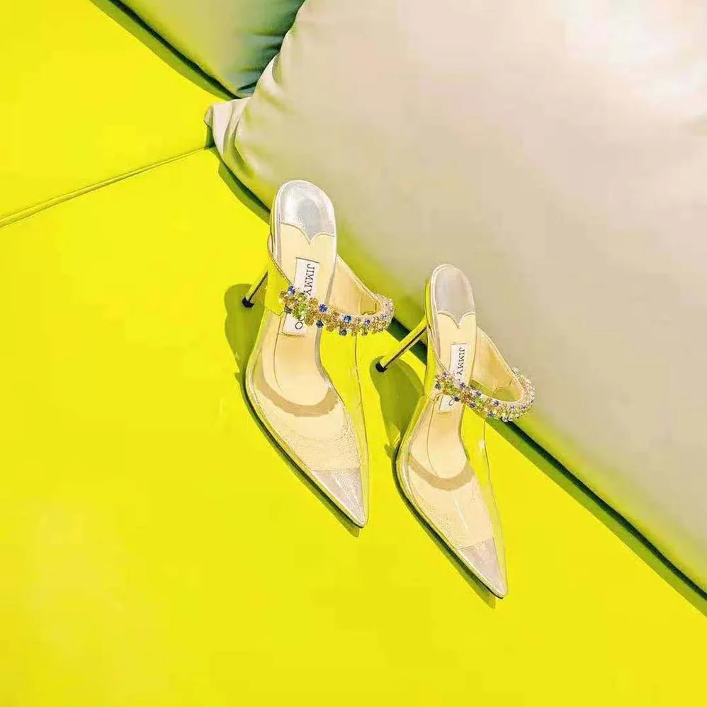 Jimmy Choo Bing 100 Clear Plexi Mules with Multicoloured Crystal Strap for Women Jimmy Choo Bing 100 Clear Plexi Mules with Multicoloured Crystal Strap for Women