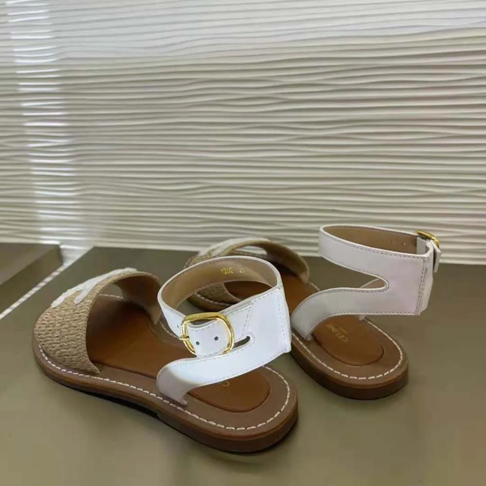 Celine Lympia Flat Strap Sandal in Raffia & Calfskin for Women in White Celine Lympia Flat Strap Sandal in Raffia & Calfskin for Women in White