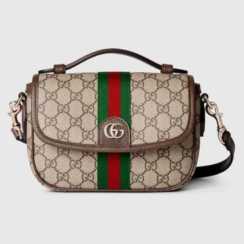 Gucci Ophidia Small Top Handle Bag / Beige And Dark Brown Light Gold Hardware