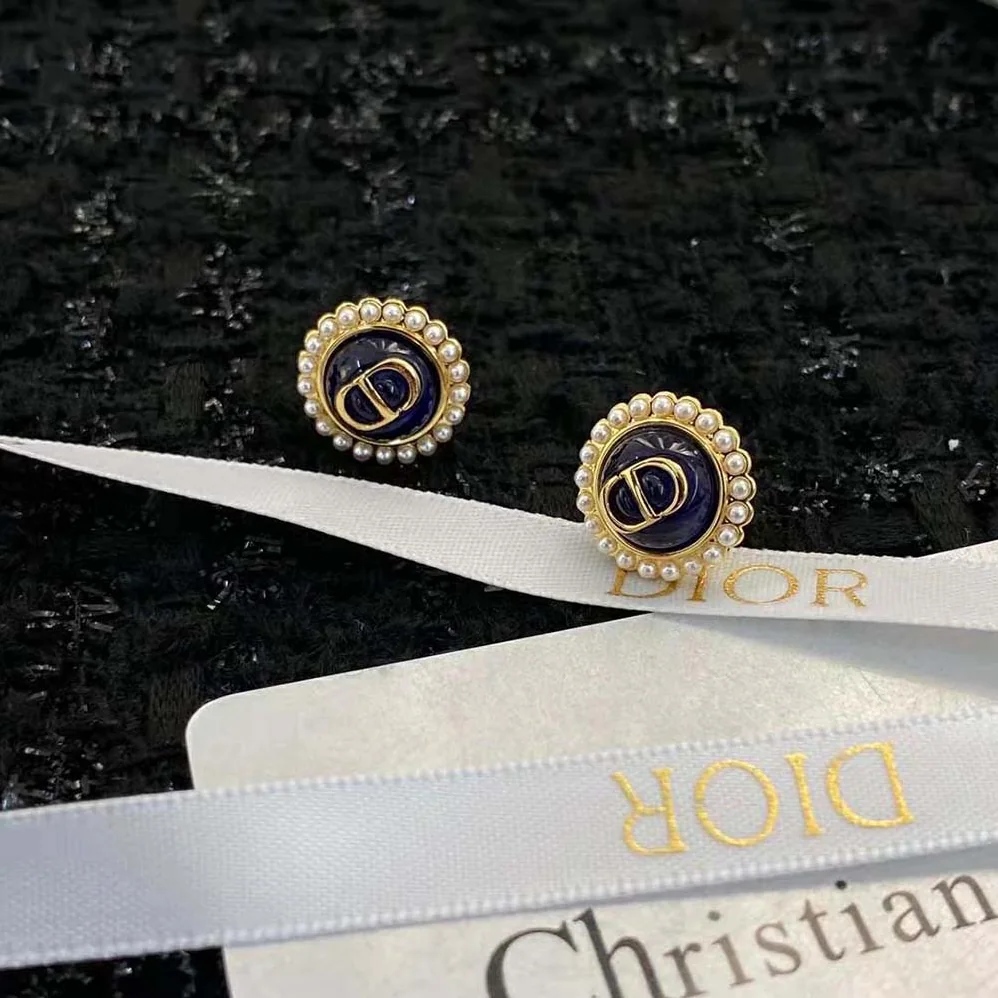 Dior Petit CD Studs Earrings Gold-Finish Metal and White Resin Pearls with Black Glass for Women