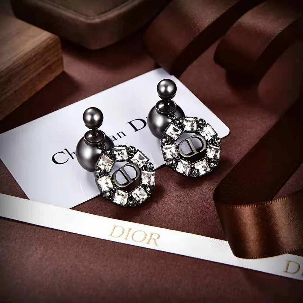 Dior Tribales Earrings Ruthenium-Finish Metal with Gray Resin Pearls and Black Crystals for Women Dior Tribales Earrings Ruthenium-Finish Metal with Gray Resin Pearls and Black Crystals for Women