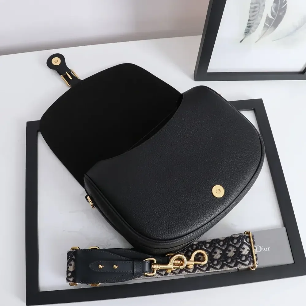 Dior Large Dior Bobby Bag Black Grained Calfskin with Embroidered Shoulder Strap for Women