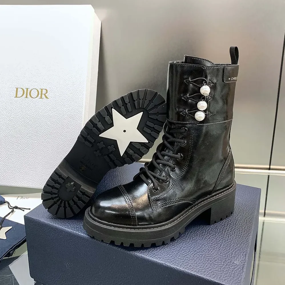 Dior D-Strike Ankle Boot Black Matte Calfskin and White Resin Pearls for Women Dior D-Strike Ankle Boot Black Matte Calfskin and White Resin Pearls for Women