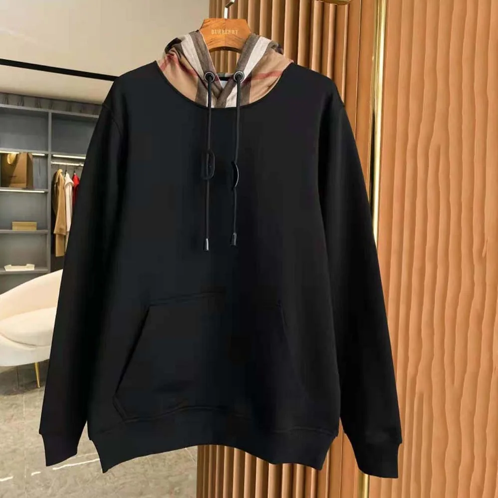 Burberry Check Hood Cotton Blend Hoodie for Men in Black Burberry Check Hood Cotton Blend Hoodie for Men in Black