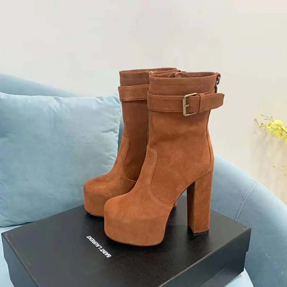 Saint Laurent YSL Cherry Buckle Platform Booties in Suede for Women in Brown Saint Laurent YSL Cherry Buckle Platform Booties in Suede for Women in Brown