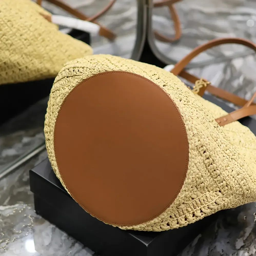 Saint Laurent YSL Panier Medium in Raffia and Vegetable for Women in tanned Leather Saint Laurent YSL Panier Medium in Raffia and Vegetable for Women in tanned Leather