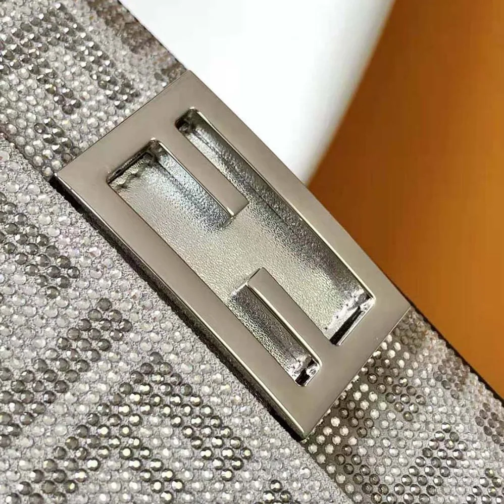 Fendi Baguette Mini Silver Leather Bag with Crystal FF Motif for Women Fendi Baguette Mini Silver Leather Bag with Crystal FF Motif for Women