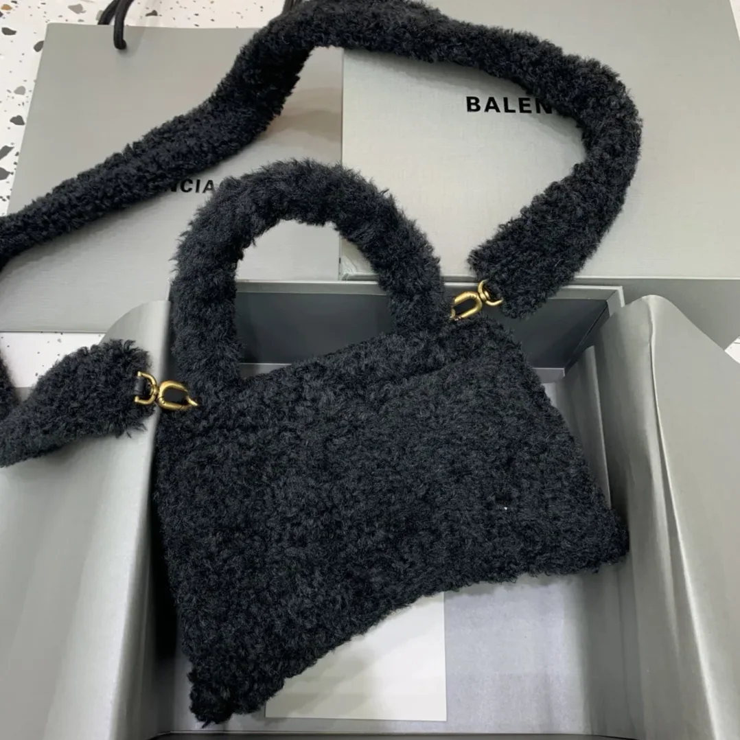 Balenciaga Furry Hourglass Small Handbag With Strap In Black /