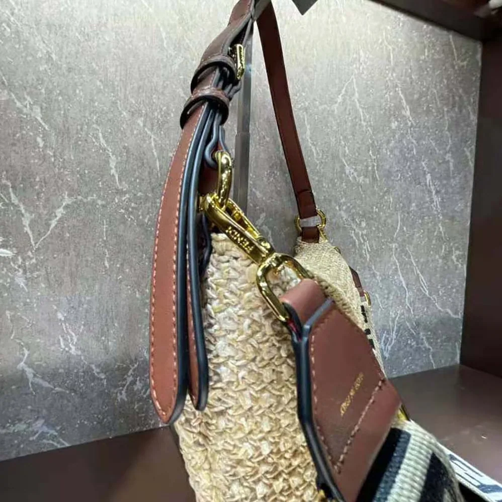 Fendi Small Croissant Woven Straw Bag for Women in Beige