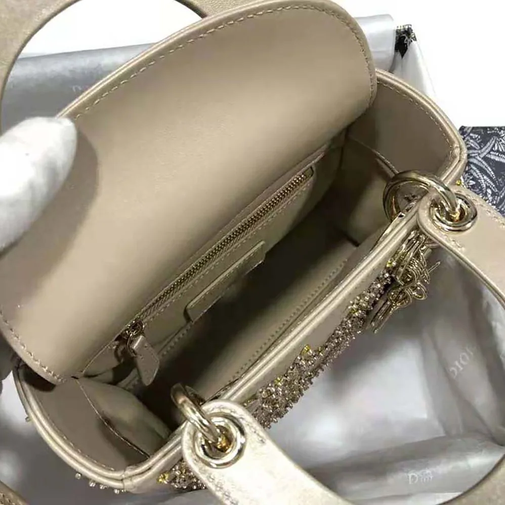 Dior Mini Lady Dior Bag Metallic Cannage Calfskin with Platinum Beaded Embroidery for Women