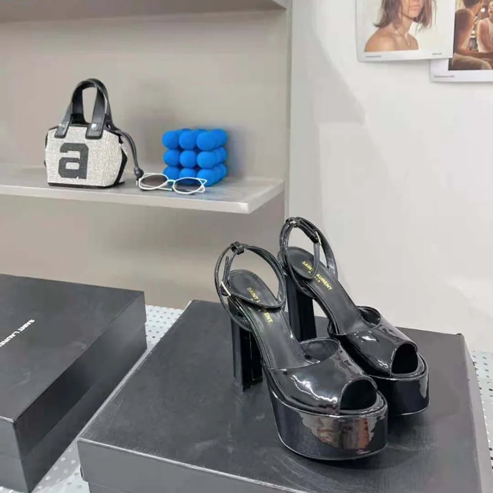 Saint Laurent YSL Jodie Platform Sandals in Patent Leather for Women in Black