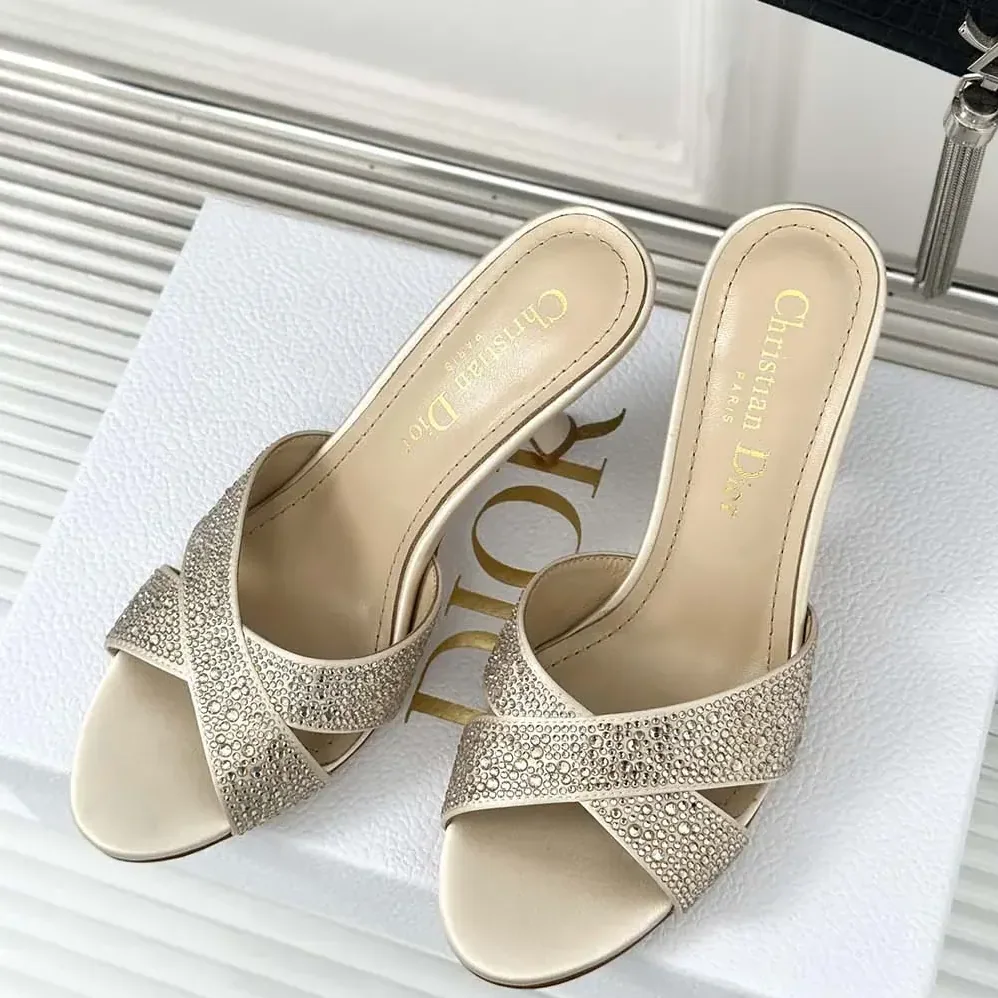 Dior Dior Tribales Heeled Slide Beige Suede Calfskin and Gold for Women in Tone Strass Dior Dior Tribales Heeled Slide Beige Suede Calfskin and Gold for Women in Tone Strass