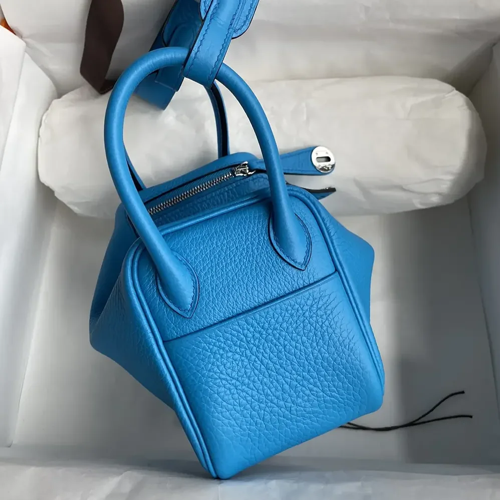Hermes Lindy Mini 19 in Clemence Leather for Women in Blue/Silver Hermes Lindy Mini 19 in Clemence Leather for Women in Blue/Silver