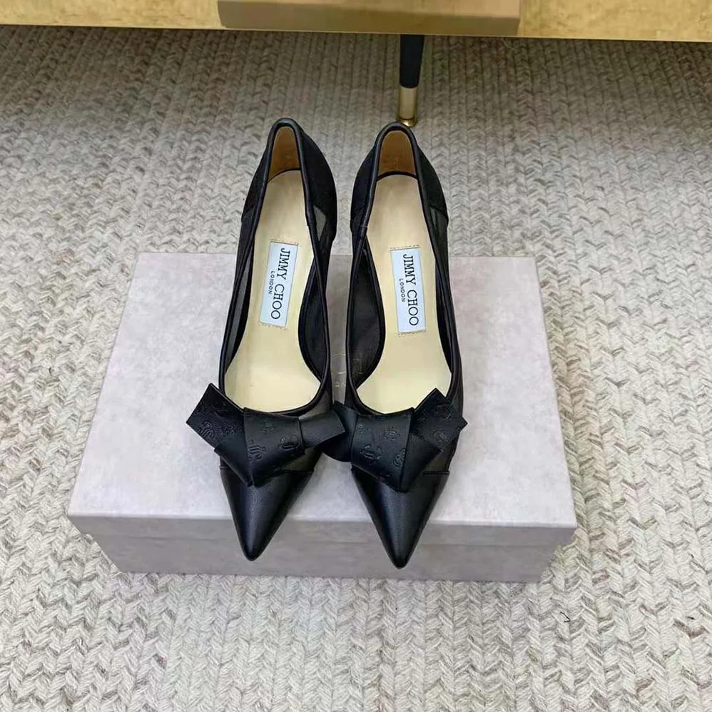 Jimmy Choo Lani 100 Black Mesh Pumps with JC Monogram Leather Bow for Women