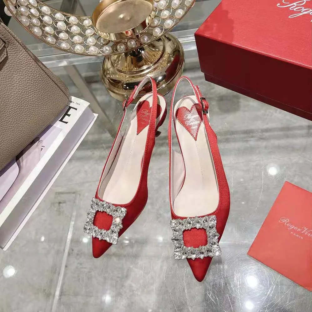 Roger Vivier Virgule Strass Buckle Slingback Pumps in Satin for Women in Red Roger Vivier Virgule Strass Buckle Slingback Pumps in Satin for Women in Red