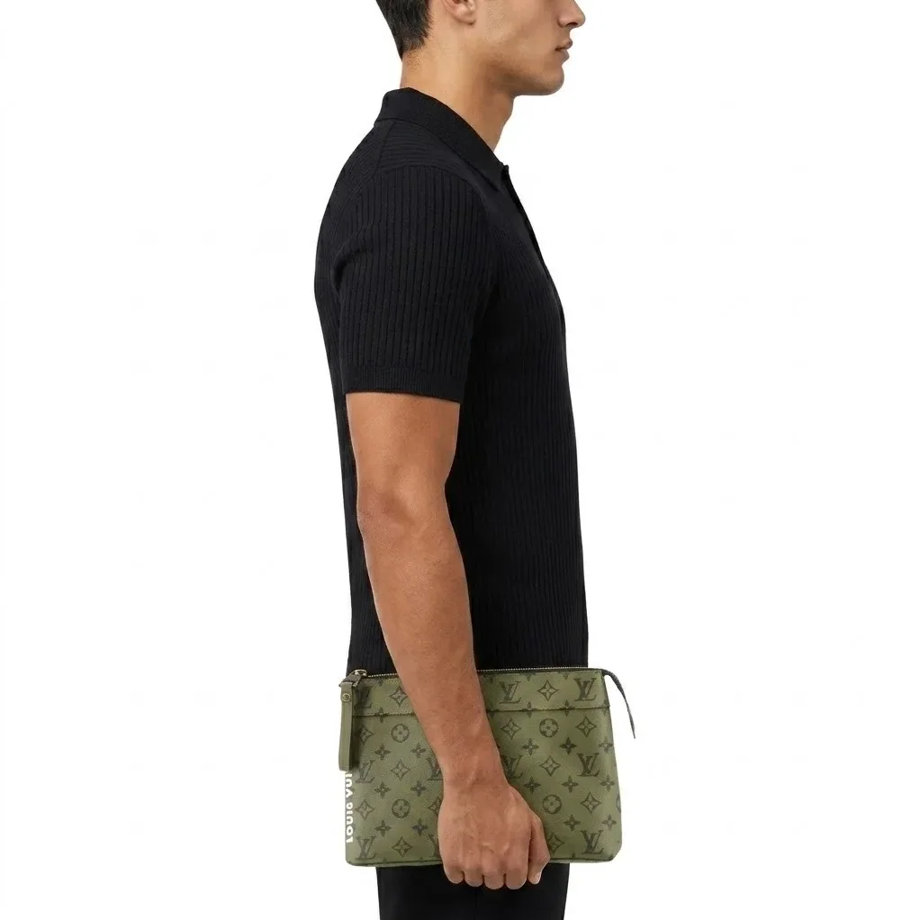 Louis Vuitton Pochette Voyage Souple Pouch in Khaki Green Black Hardware Louis Vuitton Pochette Voyage Souple Pouch in Khaki Green Black Hardware