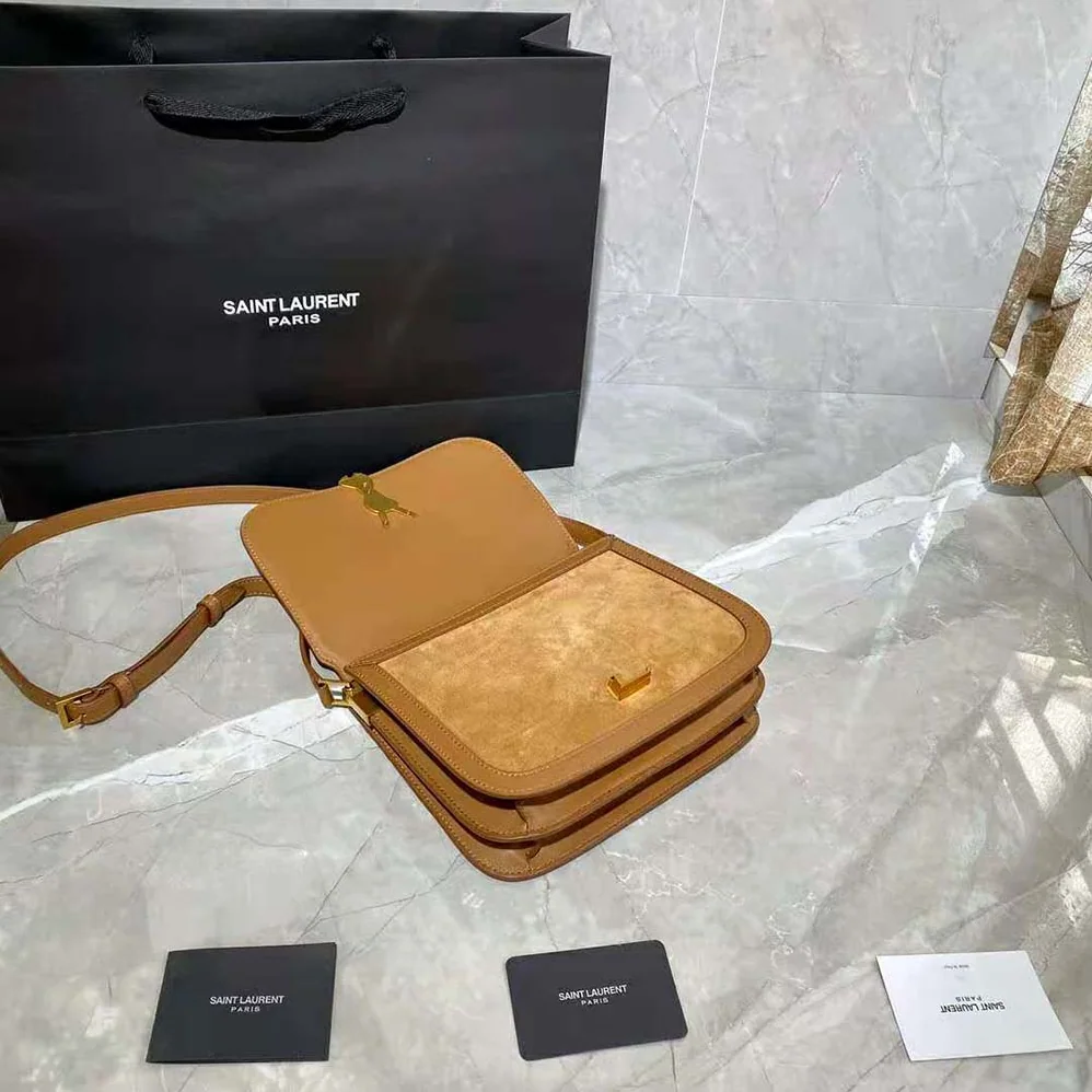 Saint Laurent YSL Solferino Medium Soft Satchel in Bsuede and Smooth Leather for Women in Brown