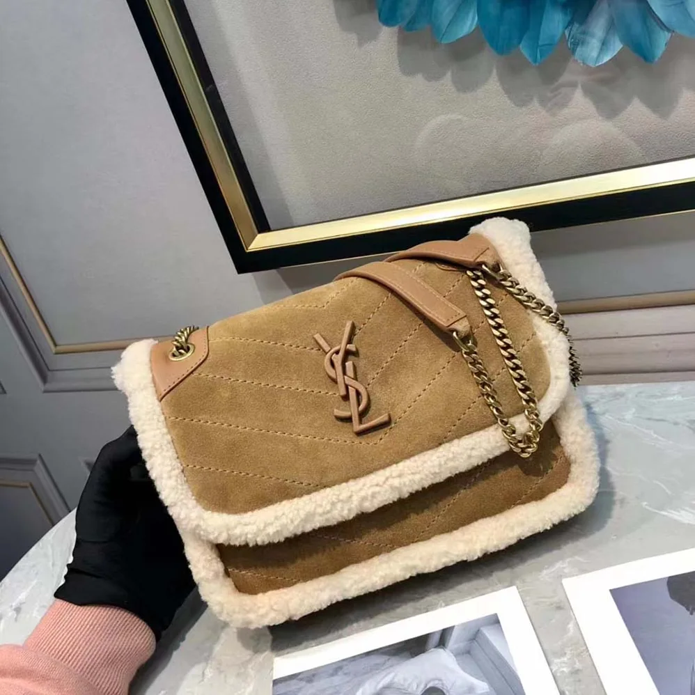 Saint Laurent YSL Niki Medium Chain Bag in Crinkled Leather and Shearling for Women in Brown