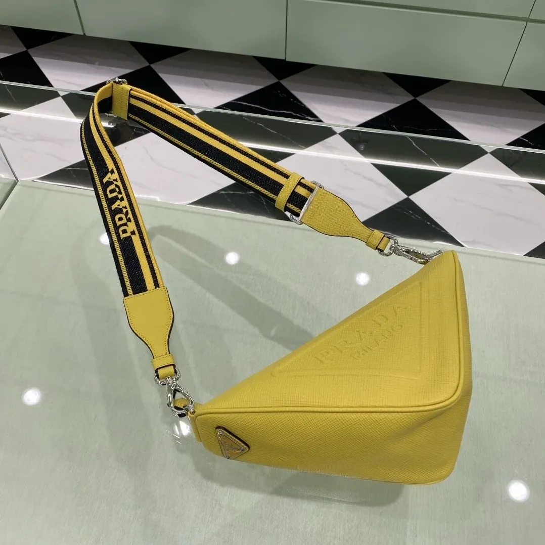 Prada Saffiano Triangle Shoulder Bag / Yellow Silver Hardware 2VH155_2FAD_F0377_V_OOO Prada Saffiano Triangle Shoulder Bag / Yellow Silver Hardware 2VH155_2FAD_F0377_V_OOO