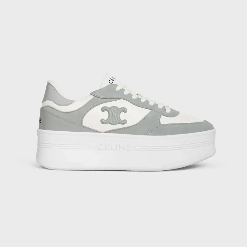 Celine Block Wedge Sneaker With Triomphe Patch In Calfskin And Suede Calfskin for Women in Gray Celine Block Wedge Sneaker With Triomphe Patch In Calfskin And Suede Calfskin for Women in Gray