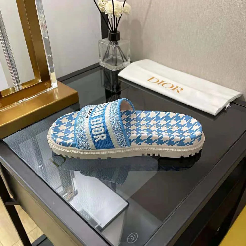 Dior Dway Slide Cornflower Blue Embroidered Cotton with Micro Houndstooth Motif for Women