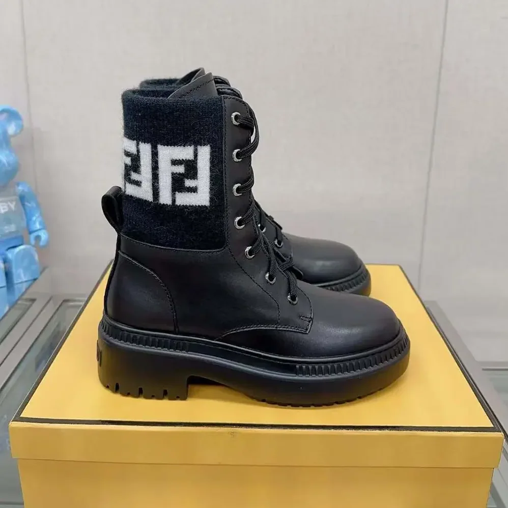 Fendi Rockoko Black Leather Biker Boots with FF Jacquard Motif for Women Fendi Rockoko Black Leather Biker Boots with FF Jacquard Motif for Women