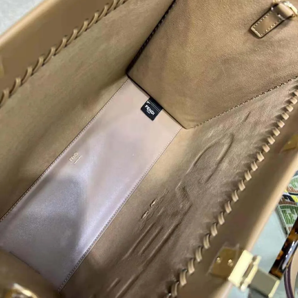 Fendi Sunshine Medium Brown Leather Shopper with Decorative Stitching for Women
