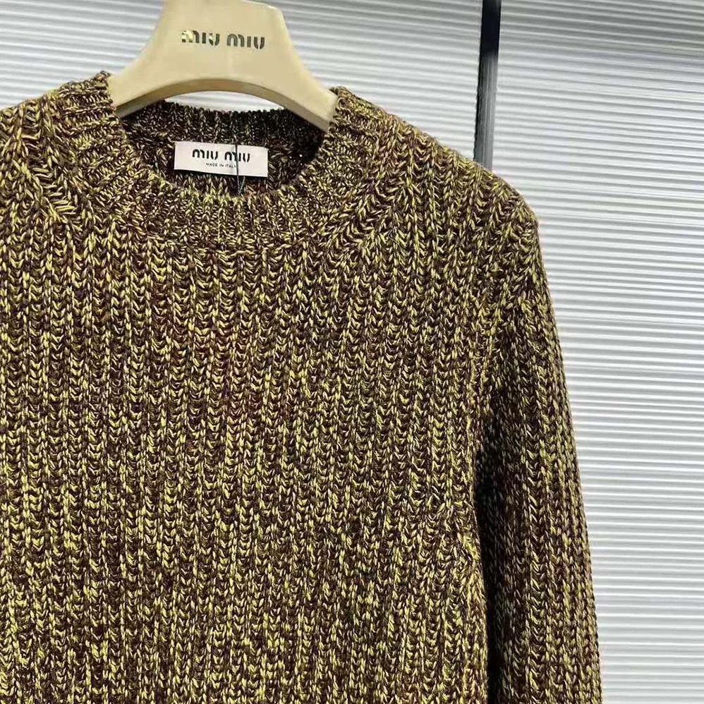 Miu Miu Wool and Cashmere Sweater with Knit Logo Patch for Women in Green Miu Miu Wool and Cashmere Sweater with Knit Logo Patch for Women in Green