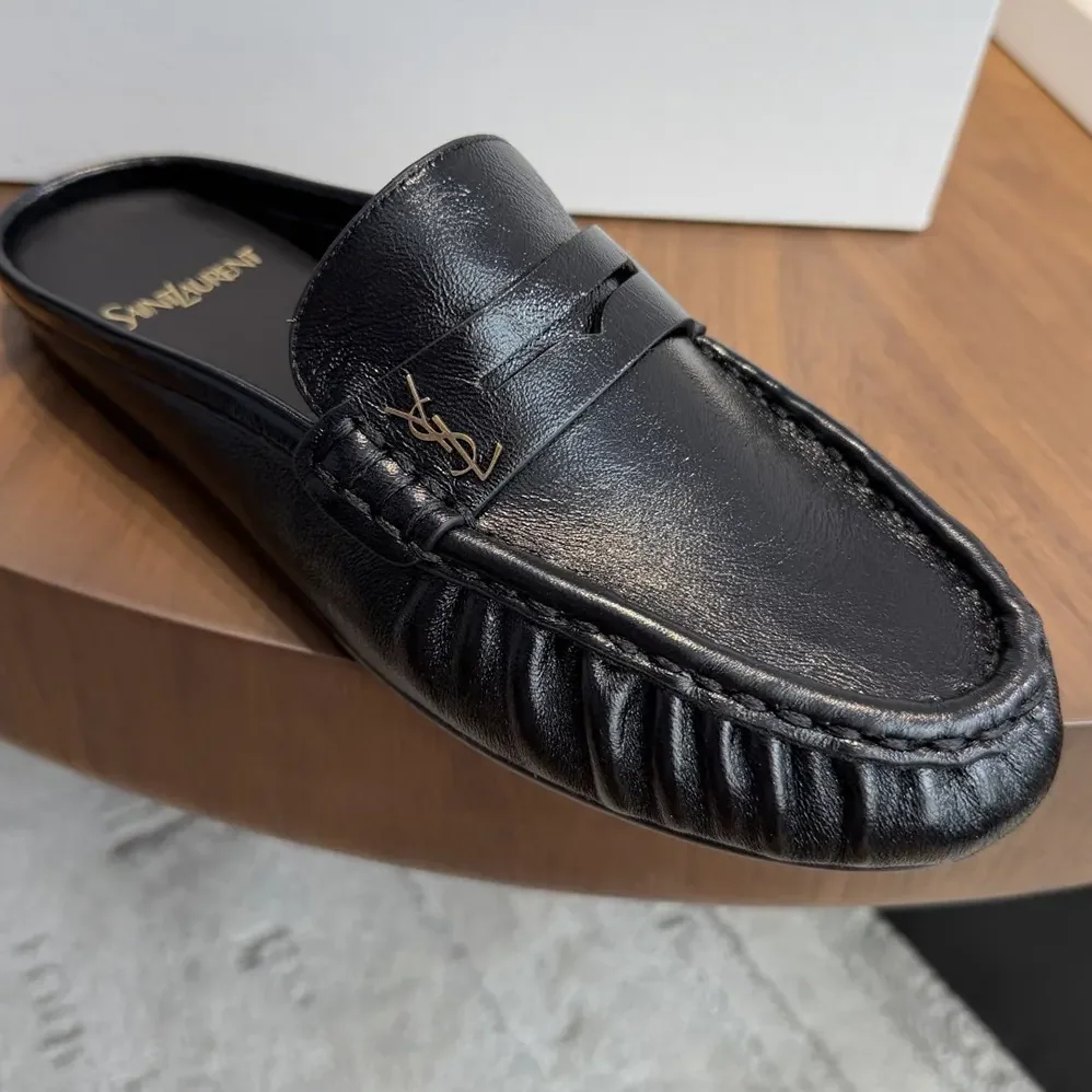 Saint Laurent YSL Le Loafer Mules in Shiny Creased Leather for Unisex
